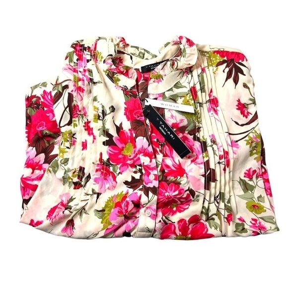 Tahari Womens Ivory Pink Floral Elbow Sleeve PinTuck Blouse Plus Sz 2X New - Picture 3 of 9